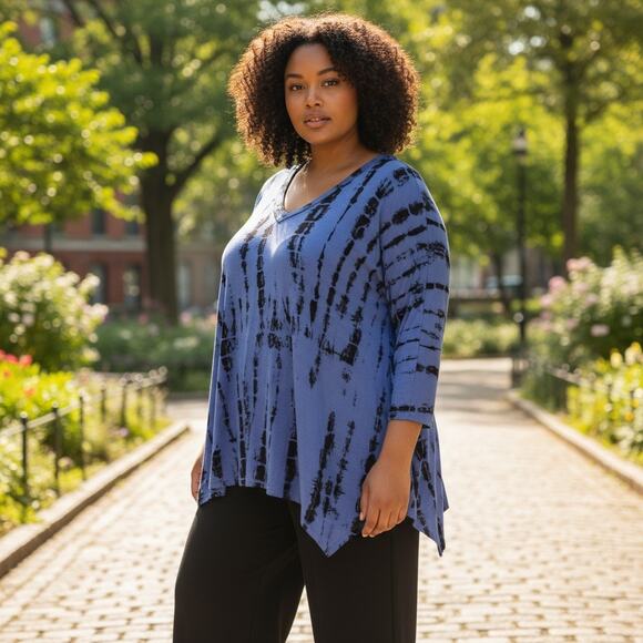 B-L-E-U Royal Blue Tie-Dye V-Neck Tunic Top 2X - Picture 2 of 6